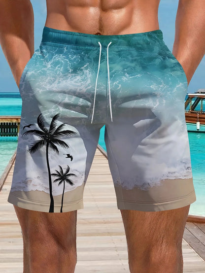 Men's micro-elastic quick-drying swimming trunks in polyester fabric showing colour and fit details