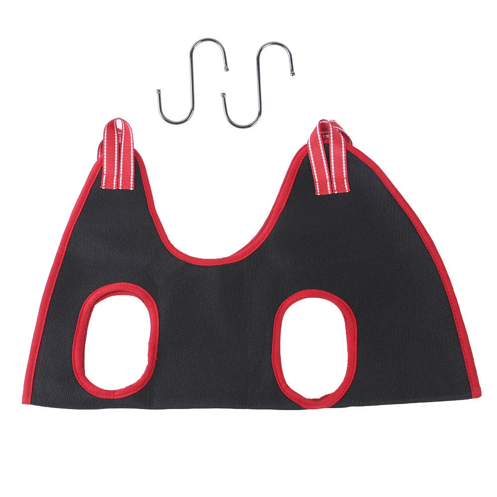 Pet grooming hammock restraint bag hanging for cat or small dog nail clipping and bathing.