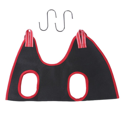 Pet grooming hammock restraint bag hanging for cat or small dog nail clipping and bathing.