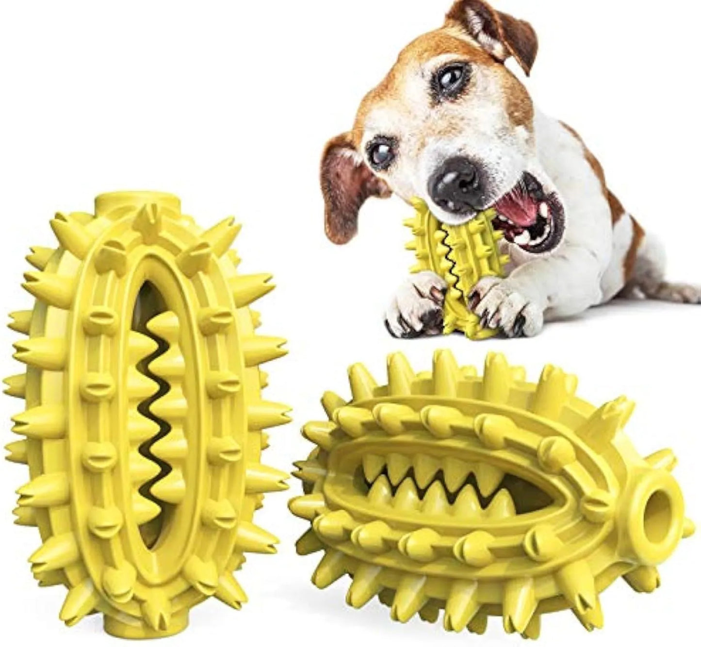 Green cactus-shaped dog toothbrush toy for dental cleaning, with bumps and central channel, on white background