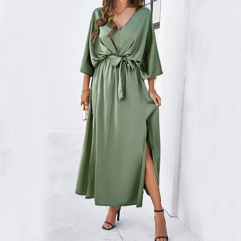 Long-sleeved V-neck dress with bat sleeves and split design in champagne, green, wine red, or black