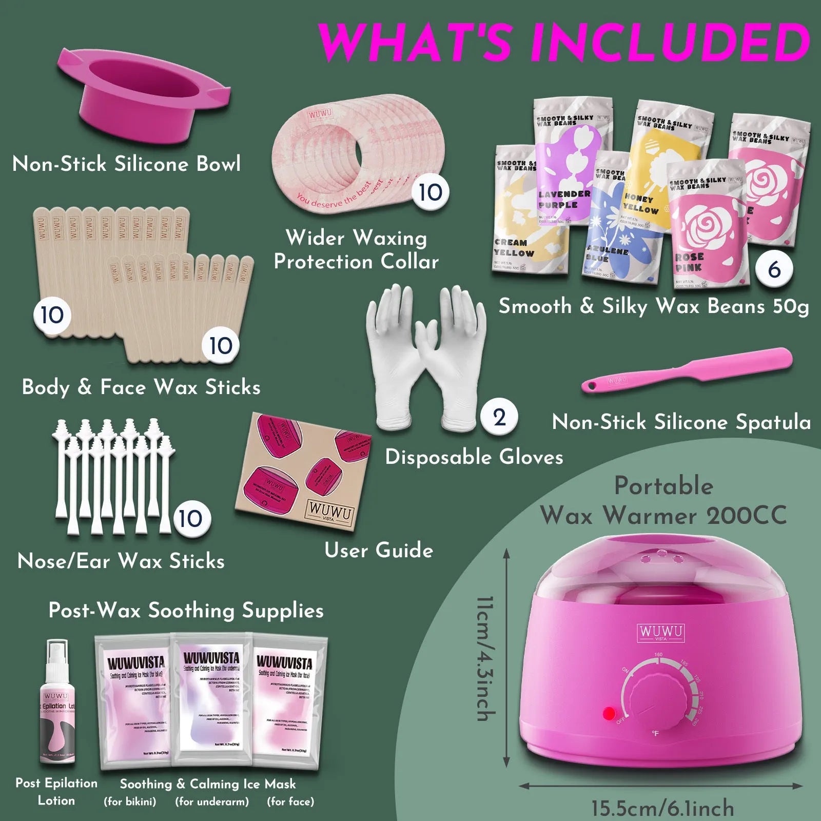 WUWUVISTA waxing kit with black wax warmer, six coloured wax bead packs, silicone tools, and aftercare products on a table