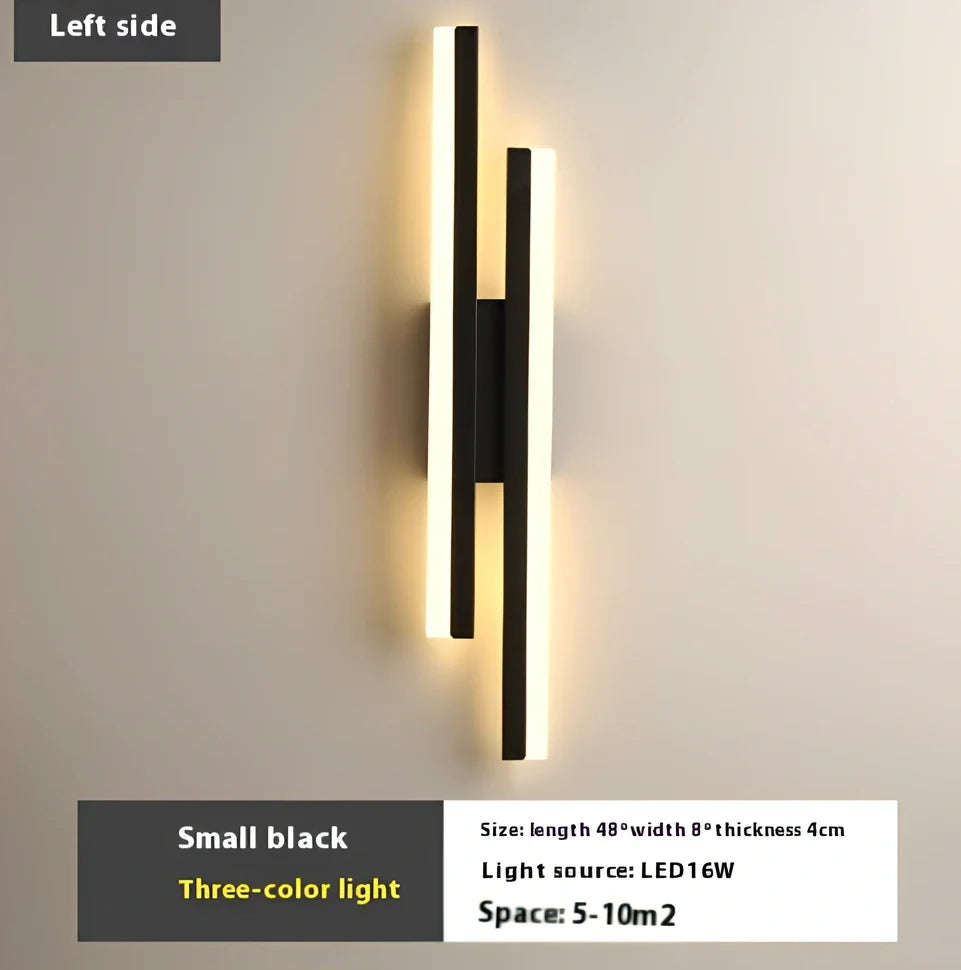 Scandinavian minimalist LED indoor wall light in 50cm black finish with tricolour acrylic shade, 220V powered for home use