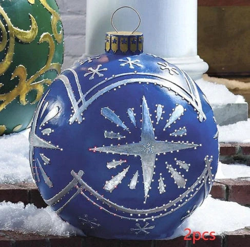 Vibrant, inflatable Christmas ornaments in various holiday designs for outdoor decoration