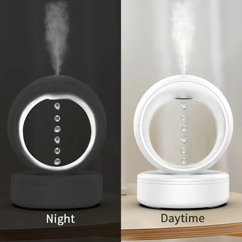 White round USB-powered anti-gravity humidifier creating optical illusion of levitating water droplets
