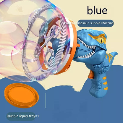 Dinosaur-shaped bubble machine for kids with red, blue, and green options