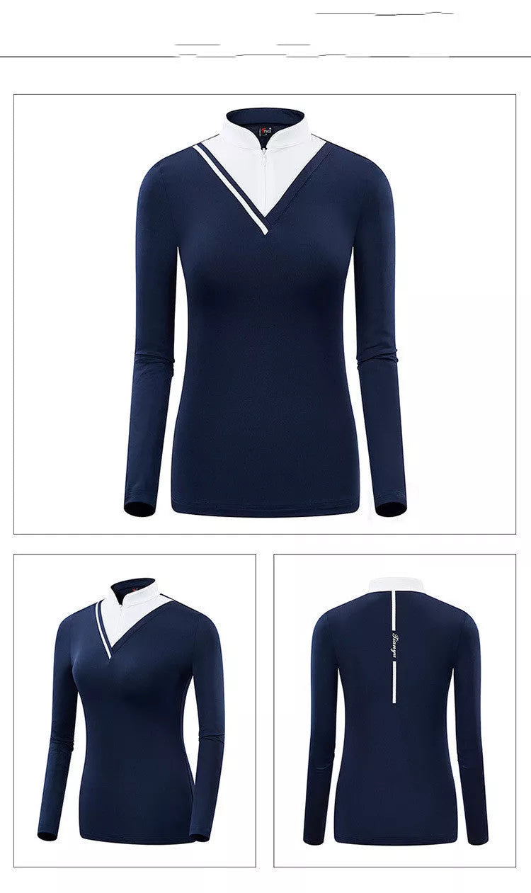 Women's golf long-sleeve t-shirt with stand-up collar and sun protection in navy blue and lake green