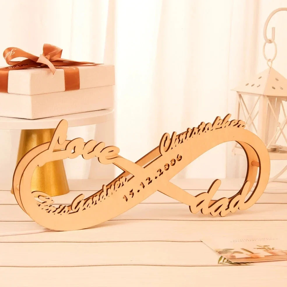 Wooden table lamp with custom name engraving showing modern simplicity design and push-button switch