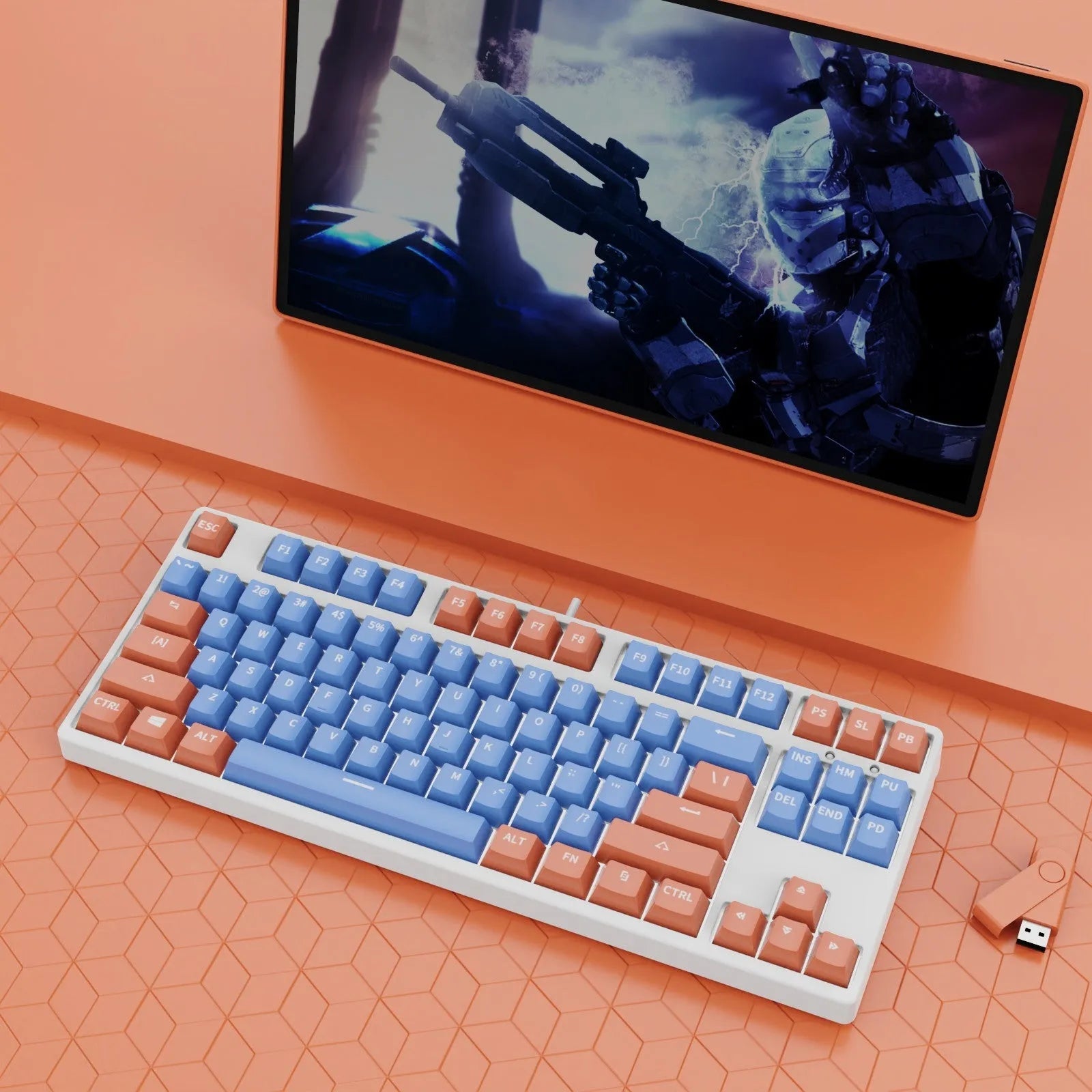 87-key mechanical keyboard with two-tone coloured keycaps on metal case