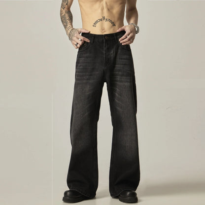 Black loose straight jeans with retro styling, zipper fly, and inelastic denim fabric