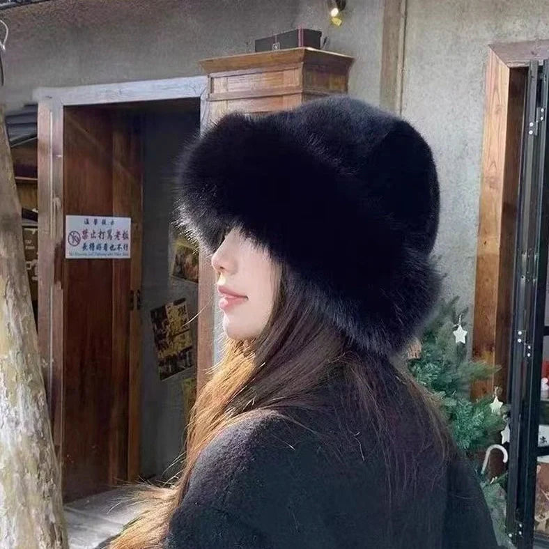 Plush Mongolian faux mink fur winter hat with dome top design in milky white colour