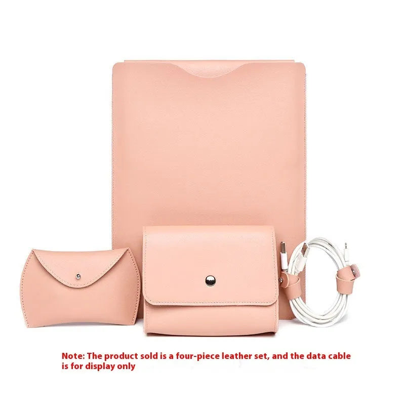 Four-piece set of imitation leather laptop edge protective covers in brown, grey, apricot, and light pink colours