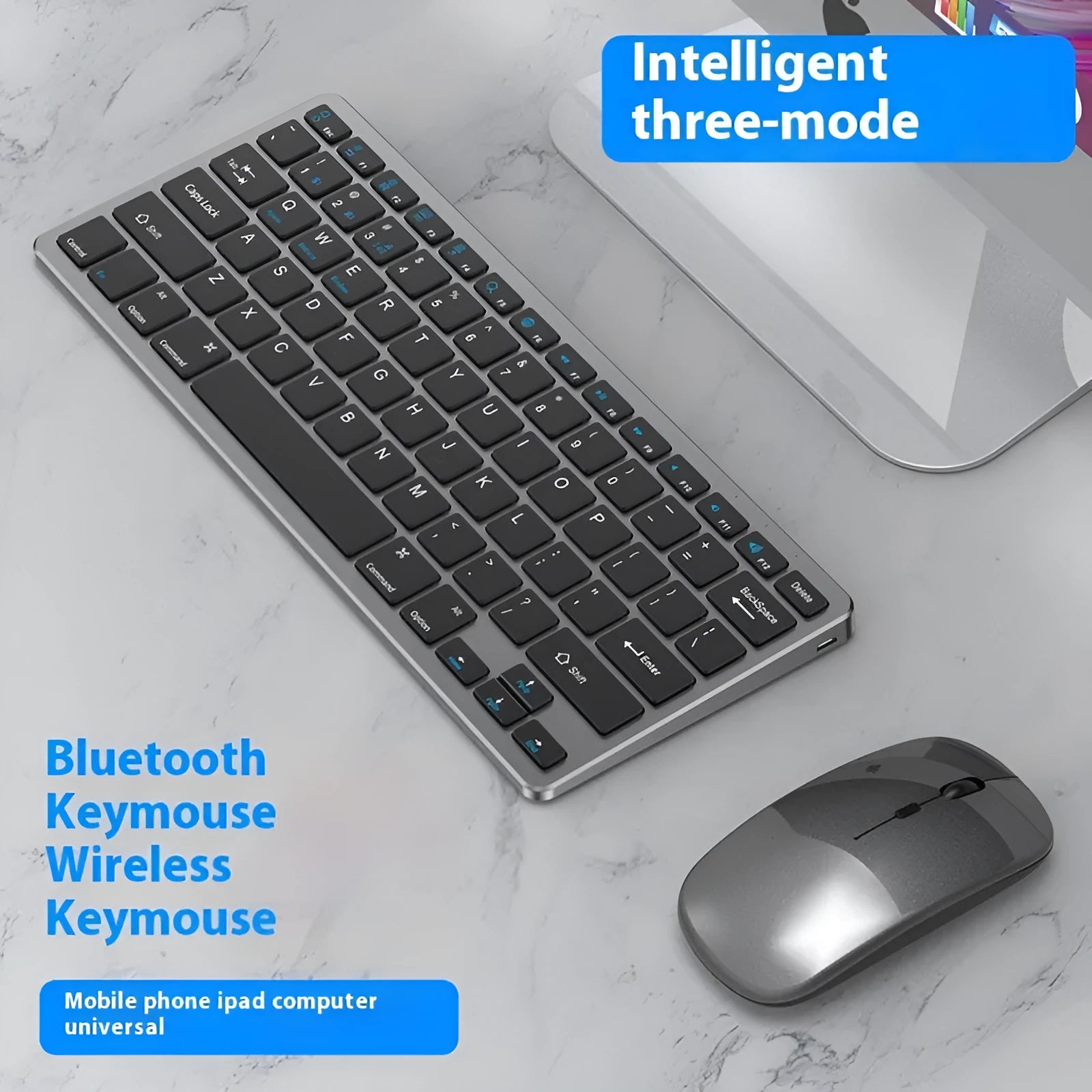 Black ultra-thin wireless keyboard and mouse combo with USB receiver and keyboard cover on a desk.