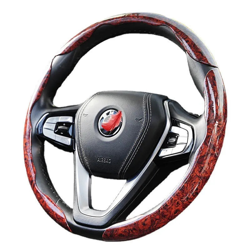 Peach wood grain steering wheel sleeve in crystal brown colour, fitted on a 38cm diameter wheel for sedans and off-road vehicles