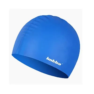 Coloured silicone adult swimming cap with letter pattern and built-in earmuff design.