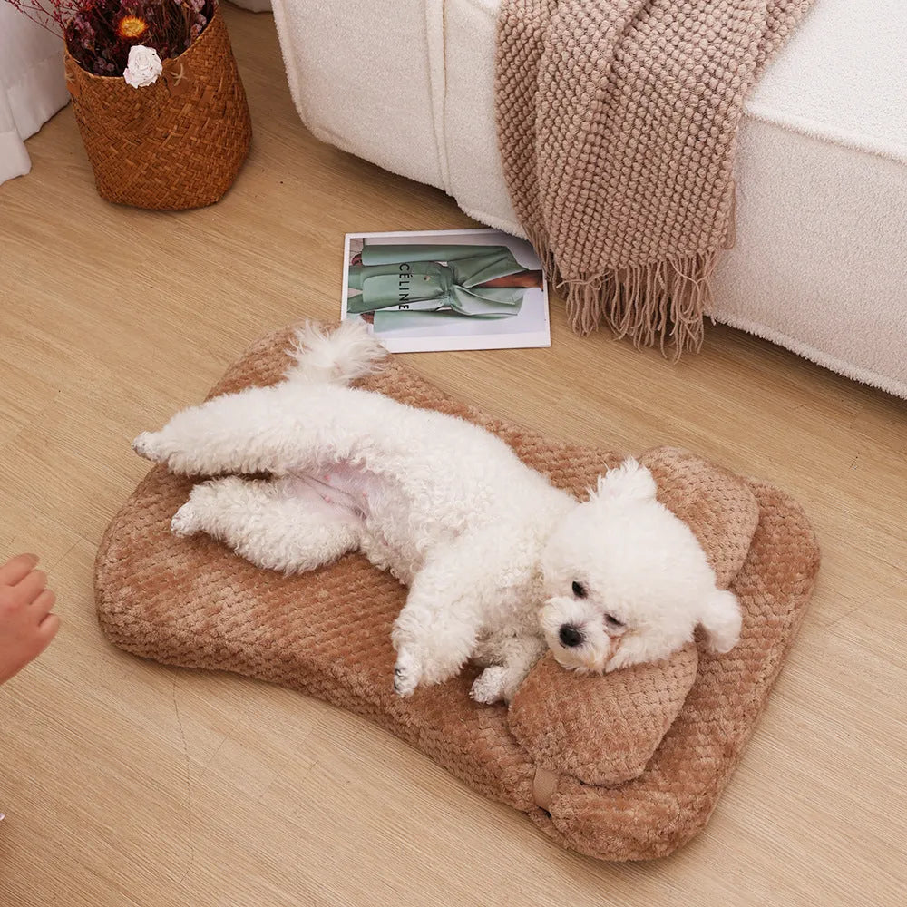 Soft plush pet bed mat with pillow in grey, khaki, or pink, sizes S to XL from 40x30x6cm to 100x60x8cm
