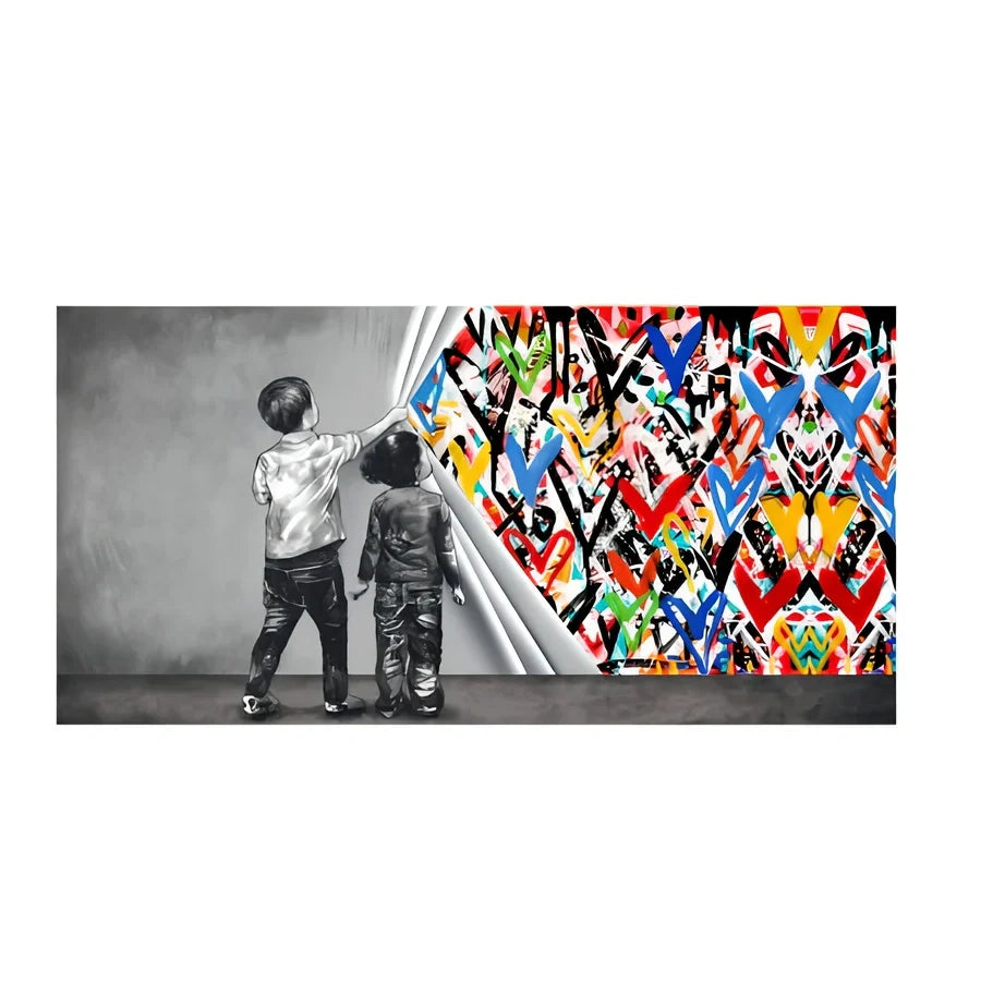 Frameless abstract graffiti canvas art for children's rooms in multiple sizes and colour variations
