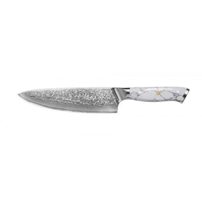 Damascus pattern VG10 steel chef's knife with a 21cm blade and simple handle on a wooden cutting board.