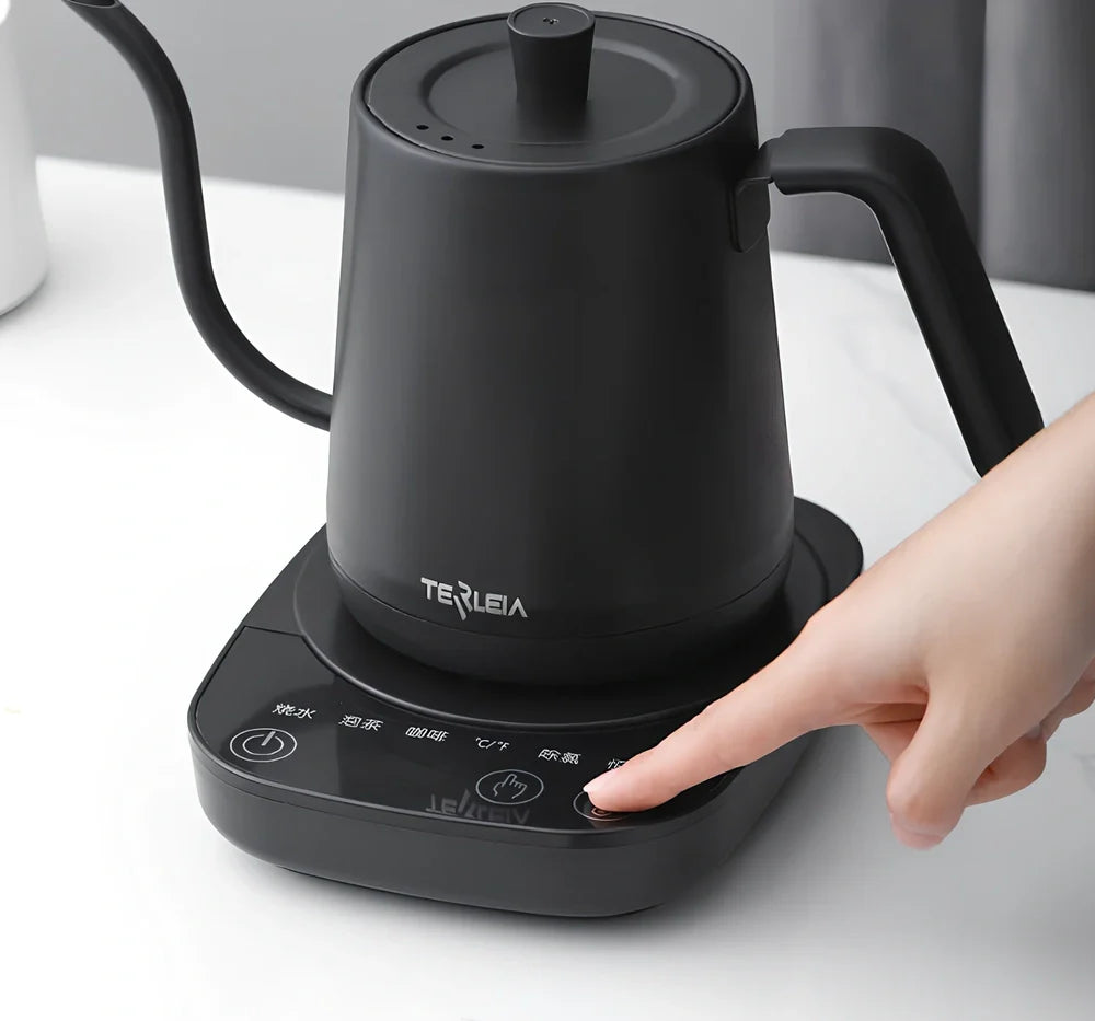 Slender mouth electric kettle with stainless steel body and touch control panel