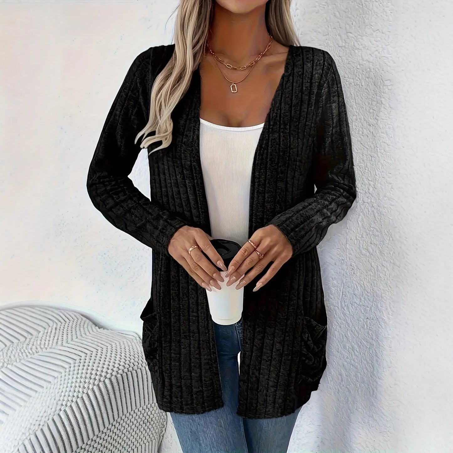 Solid colour long sleeve cardigan with pockets in Granny Grey, loose fit design
