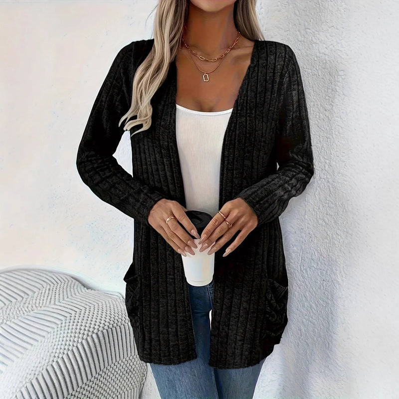 Solid Colour Pocket Long Sleeve Cardigan Knitwear, Loose Fit Casual Bottoming Sweater, Granny Grey and Black Colour Options, Polyester Main Fabric Composition, Available in 1XL to 5XL Sizes
