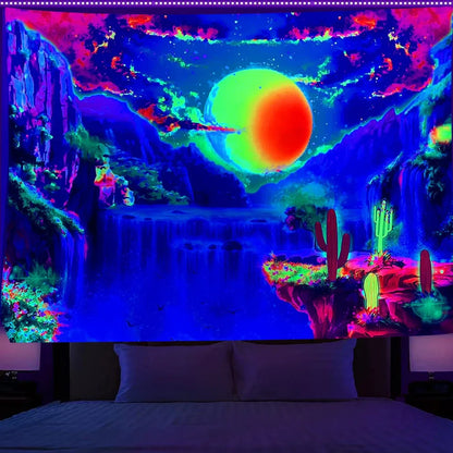 Simple mushroom tree of life fluorescent print polyester tapestry, 150x200cm size hanging on wall with subtle glow