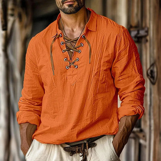 Men's plus size lapels lace shirt in linen blend fabric, loose fit, long sleeves, solid colour options