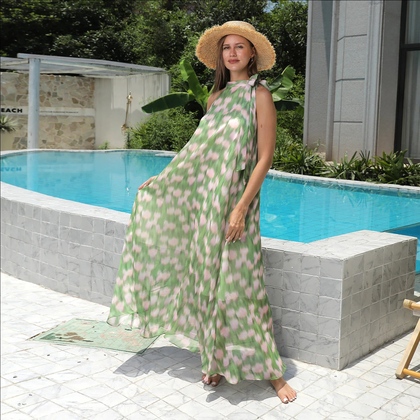 Stylish women's printed polyester dress in green, perfect for casual and formal occasions