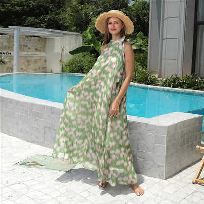 Stylish women's printed polyester dress in green, perfect for casual and formal occasions