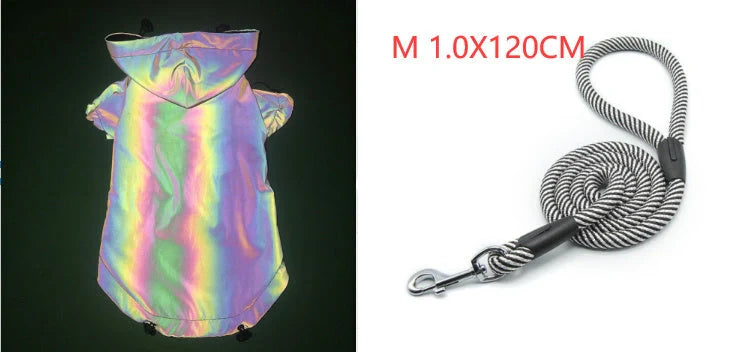 Black reflective dog hoodie with color-changing feature for nighttime visibility