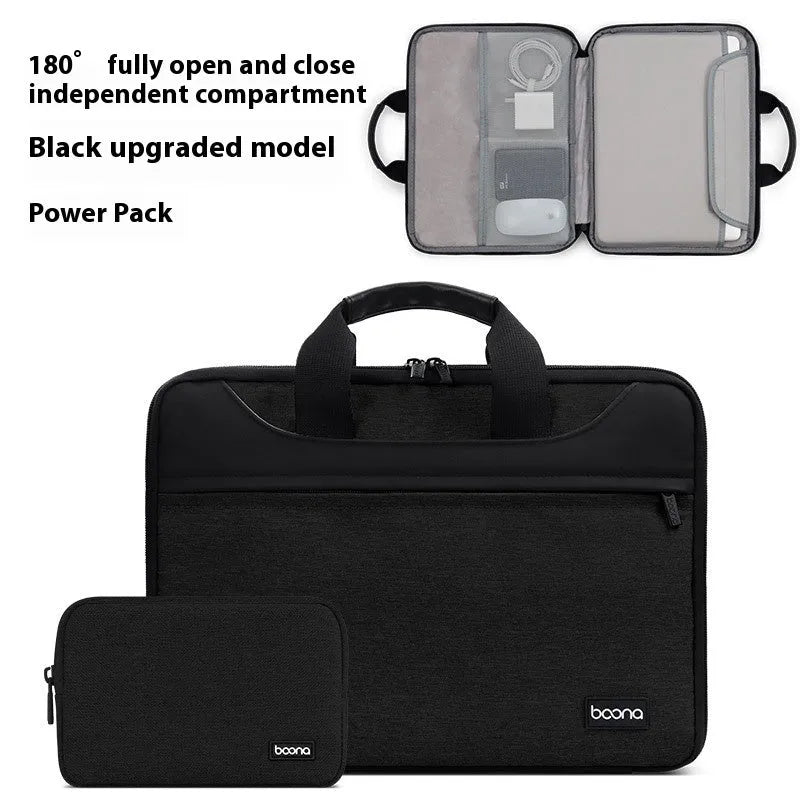 Black full zip opening Oxford cloth laptop bag for business travel with a soft carry handle.