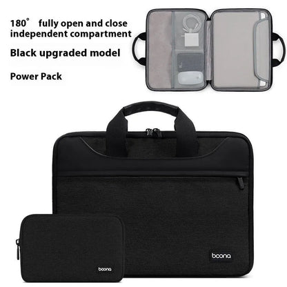 Black full zip opening Oxford cloth laptop bag for business travel with a soft carry handle.