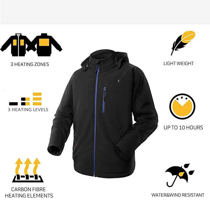 Black men's USB heated waterproof windproof thermal coat with long sleeves and straight hem