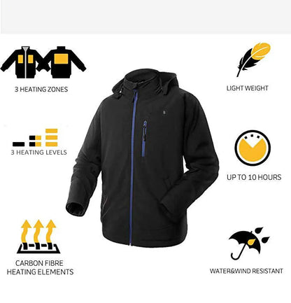 Black men's USB heated waterproof windproof thermal coat with long sleeves and straight hem