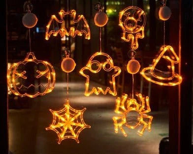 Spooktacular Halloween Hanging LED Lights with spiders, pumpkins, and ghostly figures for a haunting holiday ambiance