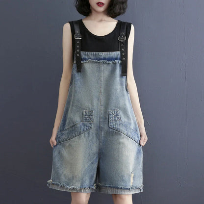 Women's blue denim jean suspenders with adjustable straps, Korean design