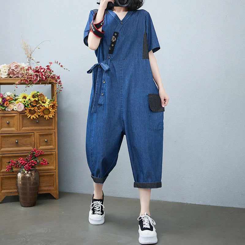 Stylish women's denim drawstring jumpsuit in blue and black