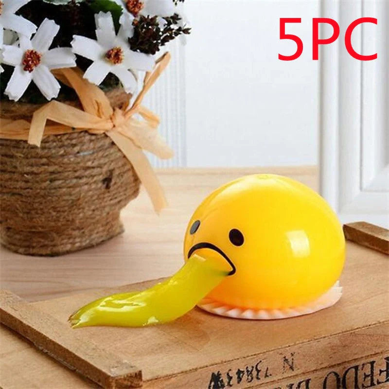 Gudetama Vomiting Egg Toy in green, orange, pink, and yellow for stress relief and fun