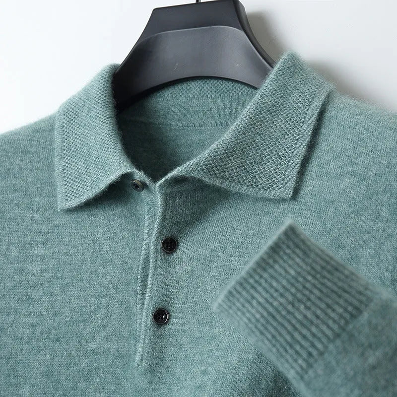 Men's wool sweater with a polo collar and long sleeves, shown in one of seven available colours.