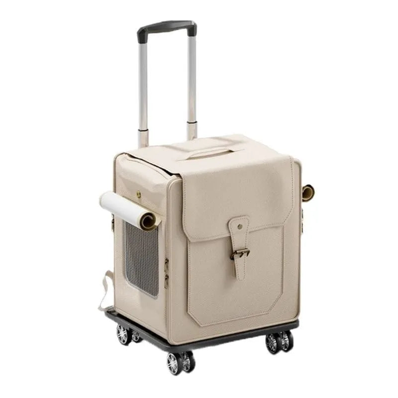 Foldable Cat Carrier Bag on Wheels Large Capacity Hard PU Pet Trolley Case Breathable Travel Bag in Milky White or Army Green with Optional Pull Rod