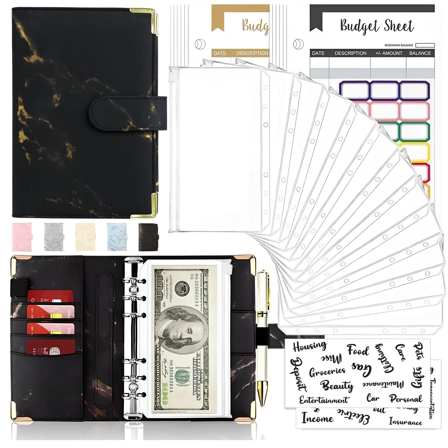 A6 leather PU binder journal open showing colour budget sheets and zip pockets with spiral binding