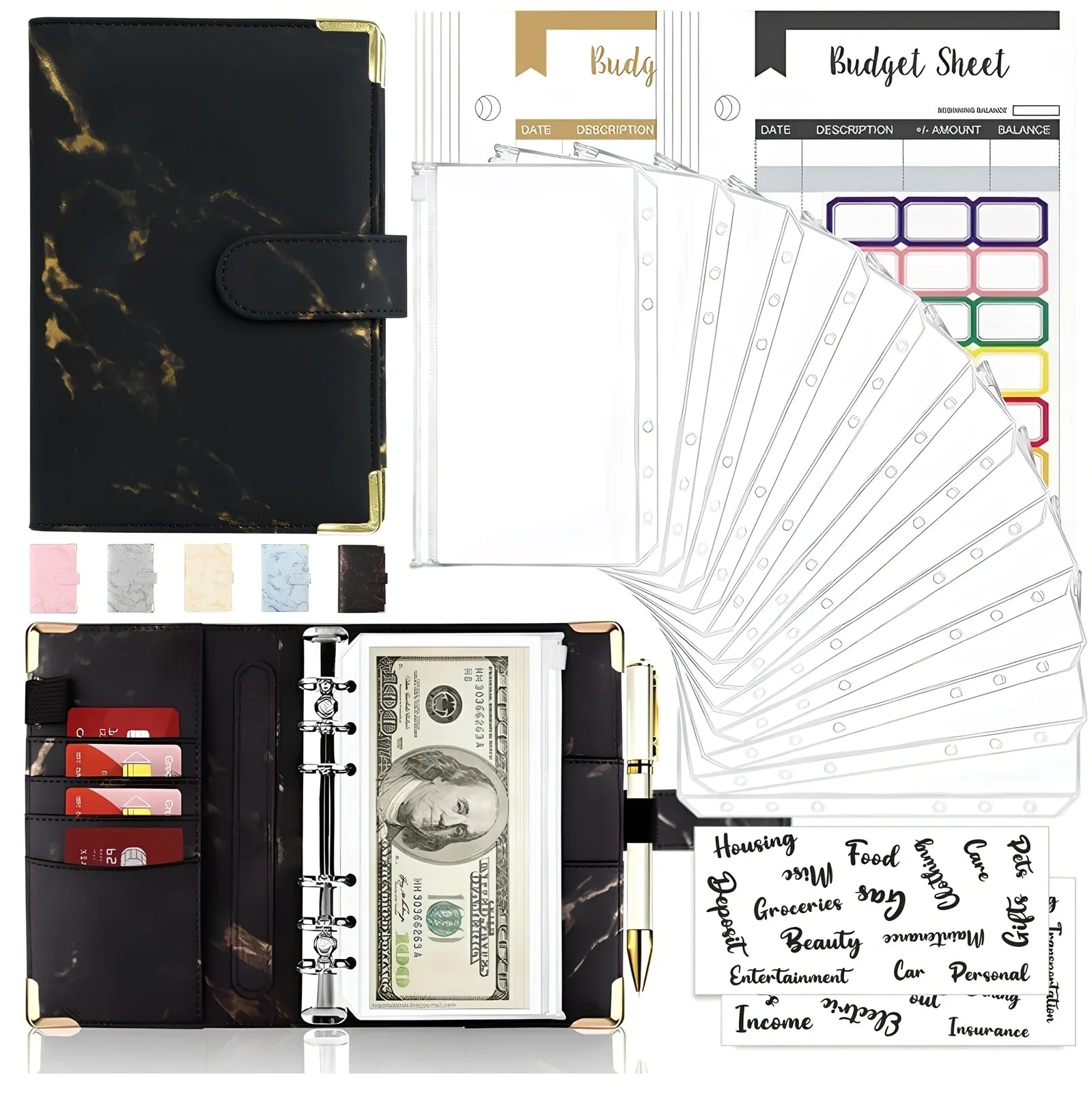 A6 leather PU binder journal open showing colour budget sheets and zip pockets with spiral binding