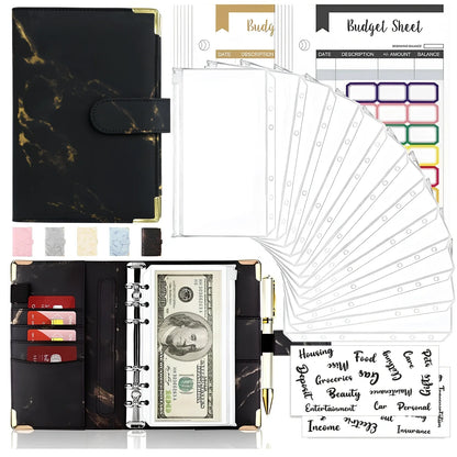 A6 leather PU binder journal open showing colour budget sheets and zip pockets with spiral binding