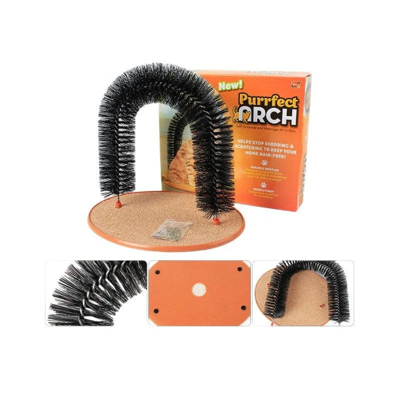 White arched cat grooming station with built-in brush bristles for scratching and coat care