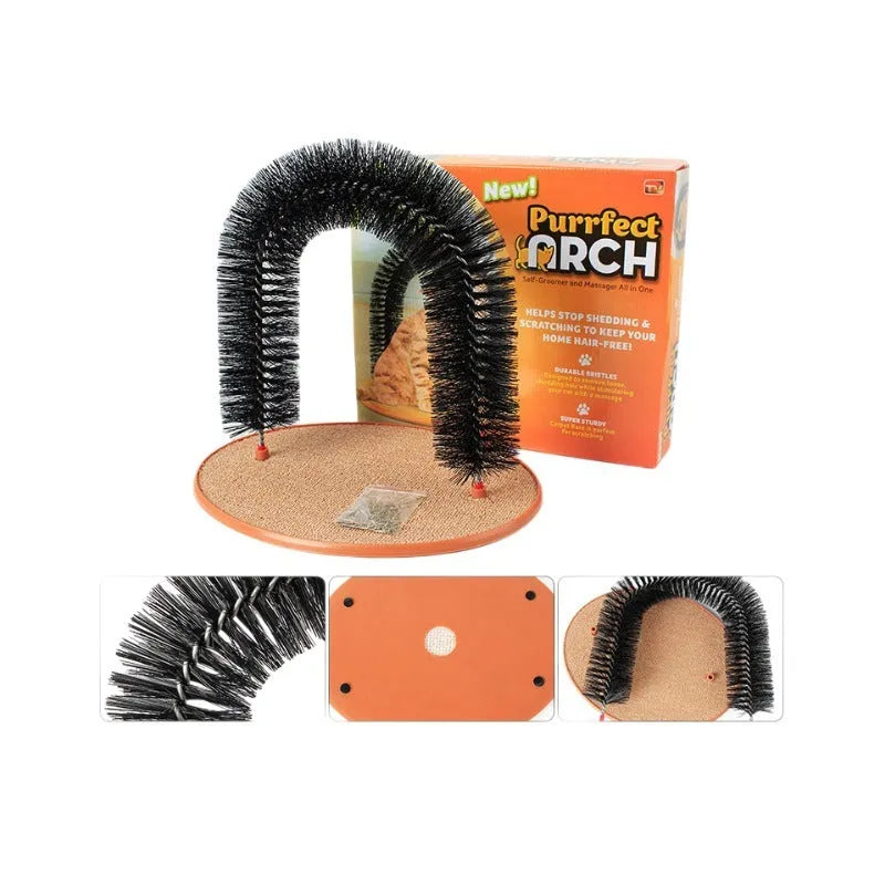 Arched cat grooming toy with built-in brush bristles for scratching and fur removal