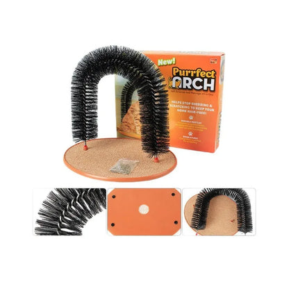 Arched cat grooming toy with built-in brush bristles for scratching and fur removal