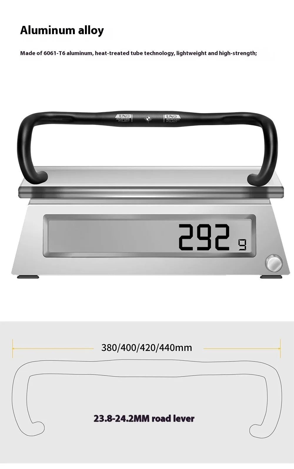 Black UNO road bike aluminium racing handlebar with small bent profile showing 31.8mm clamp markings