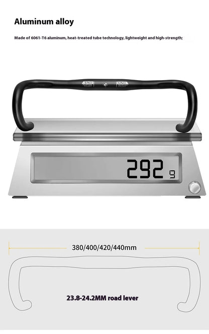 Black UNO road bike aluminium racing handlebar with small bent profile showing 31.8mm clamp markings