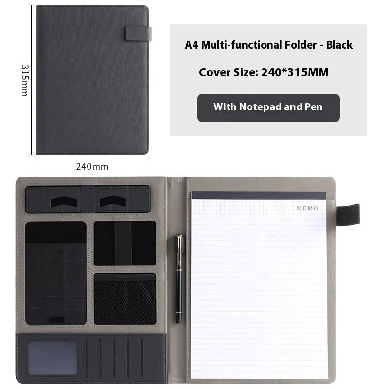 Leather A4 business folder showing 35mm thickness and 325x250mm dimensions with optional pen and notepad accessories