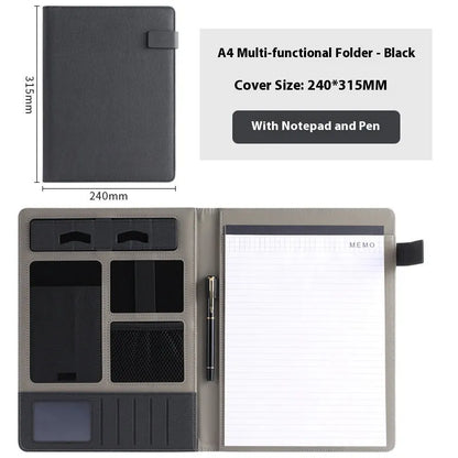 Leather A4 business folder showing 35mm thickness and 325x250mm dimensions with optional pen and notepad accessories